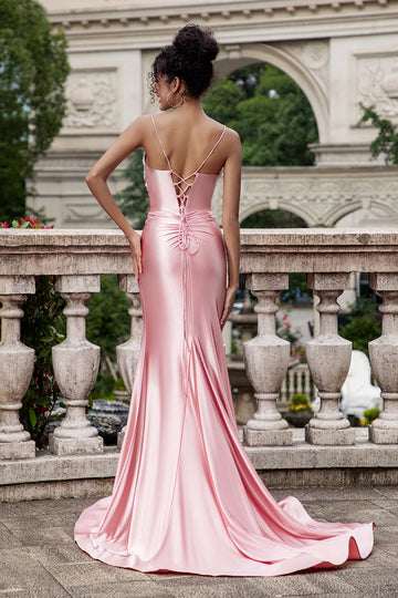 Blush Mermaid Spaghetti Straps Satin Robe de bal longue avec fente